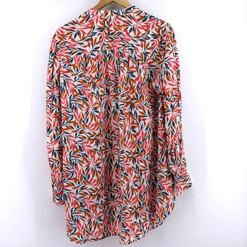 Lands End Womens 100% Linen Band Collar Leaf Print Lg Sleeve Tunic Shirt M 10-12 - Picture 3 of 10